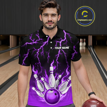 Purple Thunder Bowling Custom Men Bowling Shirt Polo & Quarter-Zip Bowling Team Shirts HNT71