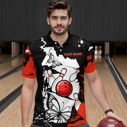 Custom Red Butterflies Bowling Shirt for Men Women Team Bowling Polo&Quater Zip MBL76