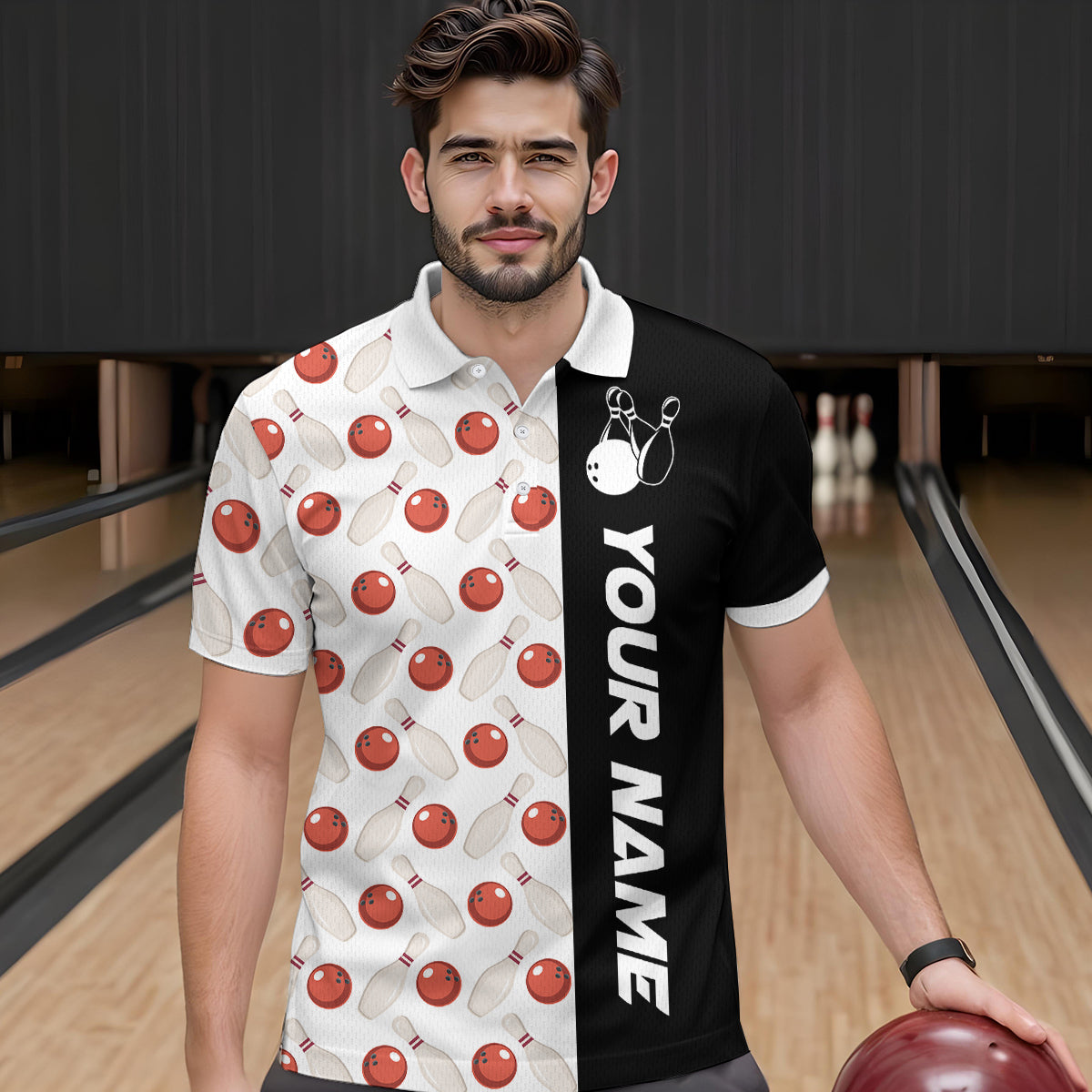 White Bowling Pattern Custom Men Bowling Polo & Quarter-Zip Shirts Bowling Team Jerseys HNT45