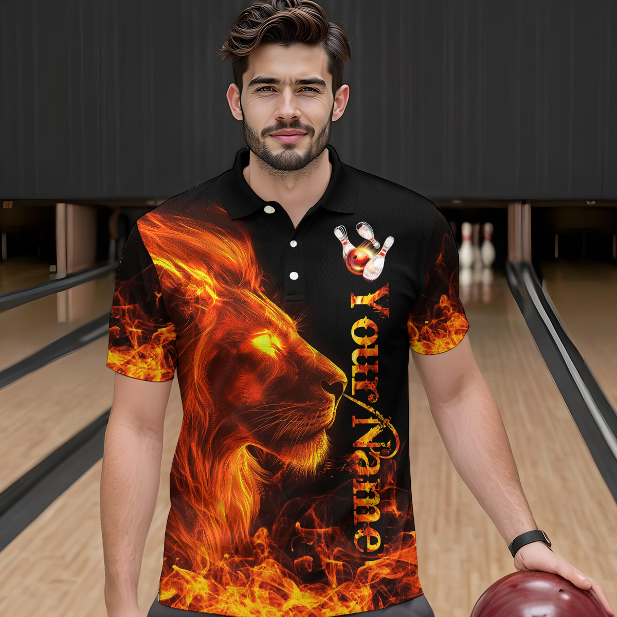 Orange Flaming Lion Bowling Custom Men Bowling Polo & Quarter-Zip Bowling Team Jerseys HNT43