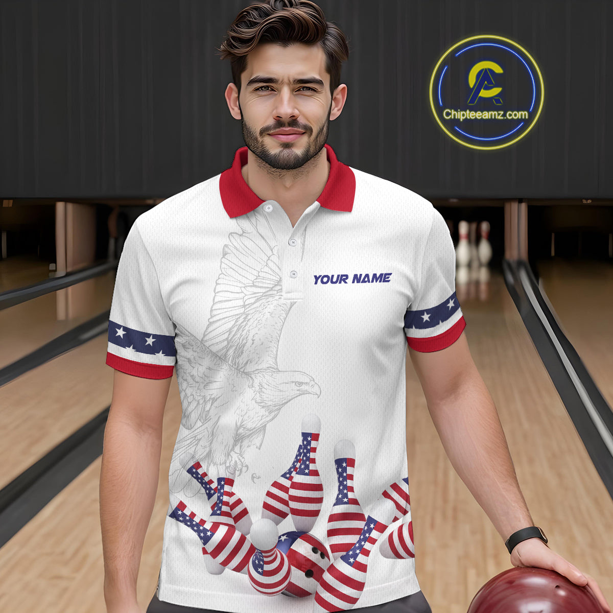 Custom Eagle US Flag Bowling Men Bowling Shirt Polo & Quarter-Zip Bowling Team Jerseys HNT76
