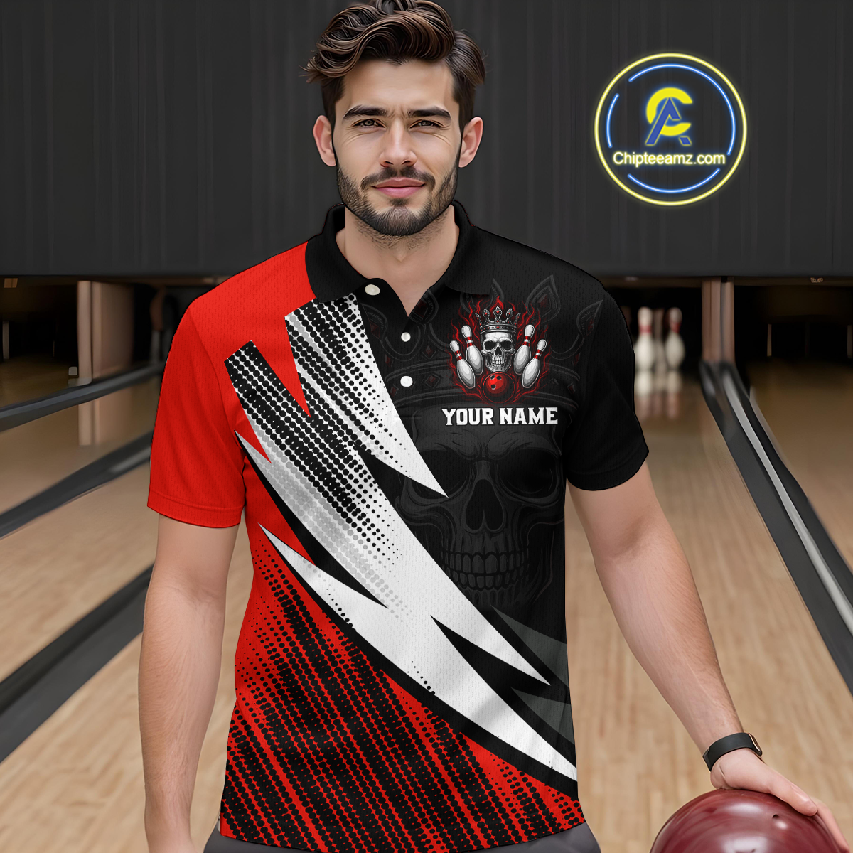 Red Skull Crown Bowling Custom Men Bowling Shirt Polo & Quarter-Zip Bowling Team Jerseys HNT65