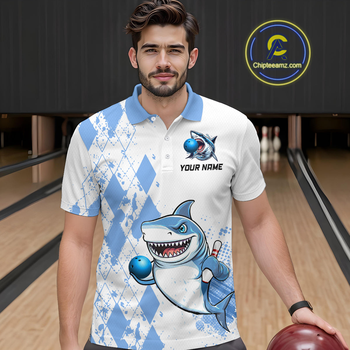 Blue Shark Bowling Custom Men Bowling Shirt Polo & Quarter-Zip Bowling Team Jerseys HNT62