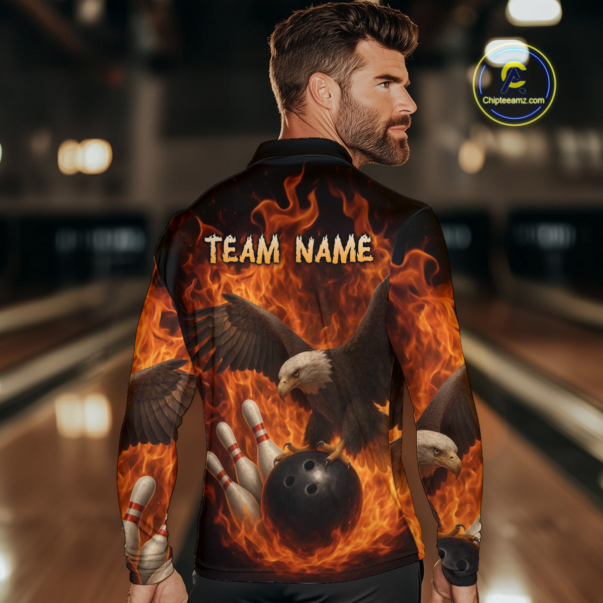 Flame Eagle Bowling Polo, Quarter Zip Shirts For Men Custom Eagle Bowling Team Jerseys NQS9972