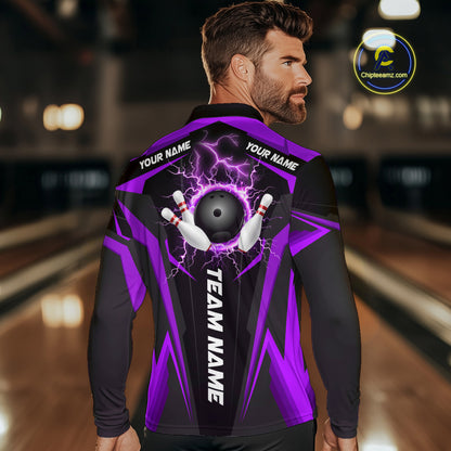 Black Men bowling Polo, 1/4 Zip shirt Custom lightning thunder team league bowling jersey | Purple NQS10375
