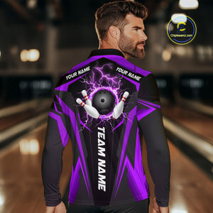Black Men bowling Polo, 1/4 Zip shirt Custom lightning thunder team league bowling jersey | Purple NQS10375