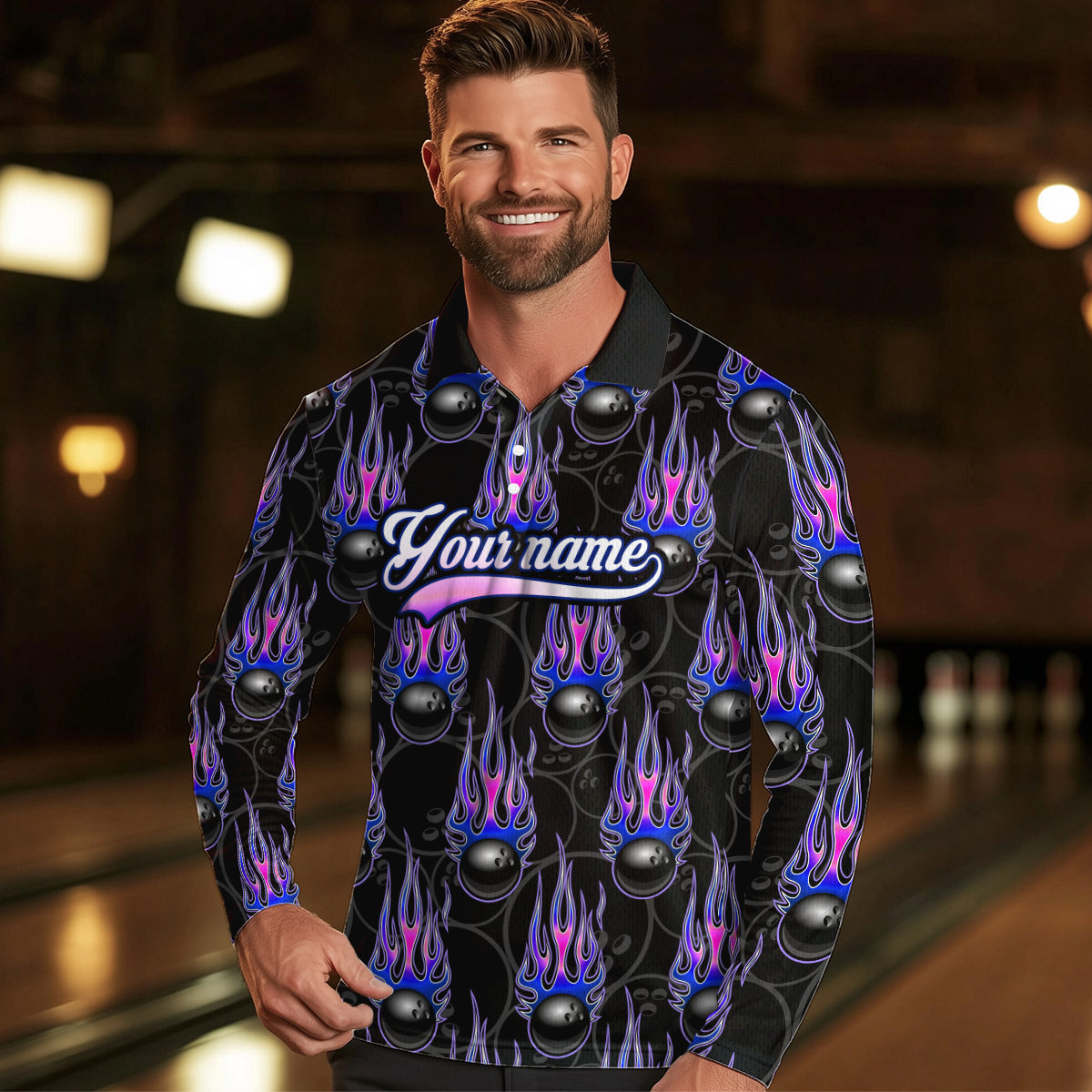 Black Bowling Ball Camo Blue Flame Bowling Polo, 1/4 Zip Shirt for Men Custom Bowling Team Jersey NQS9480