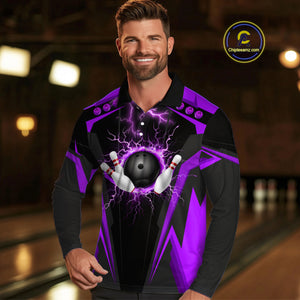 Black Men bowling Polo, 1/4 Zip shirt Custom lightning thunder team league bowling jersey | Purple NQS10375
