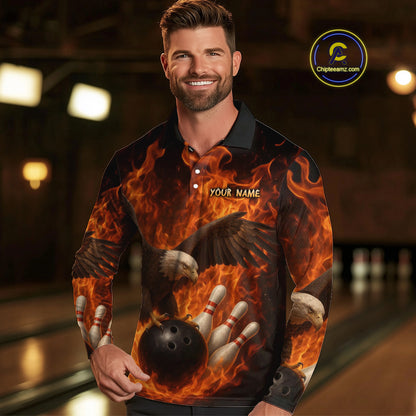 Flame Eagle Bowling Polo, Quarter Zip Shirts For Men Custom Eagle Bowling Team Jerseys NQS9972