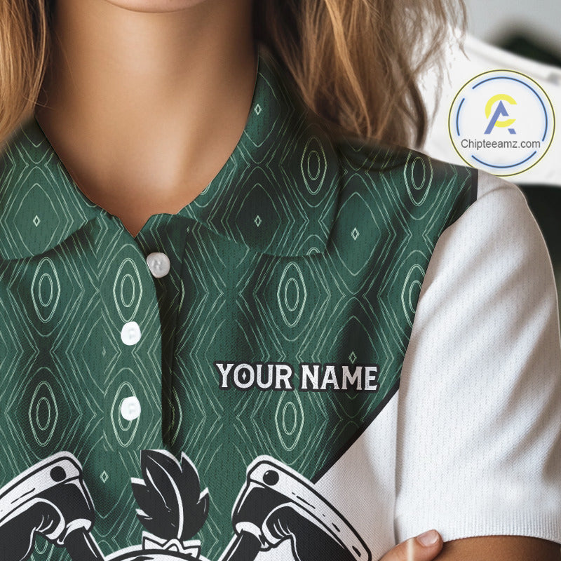 Green White Funny Golf Ball Pattern Womens Golf Polo Shirts Custom Golf Outfits Ladies, Green Golf Tops NHT784