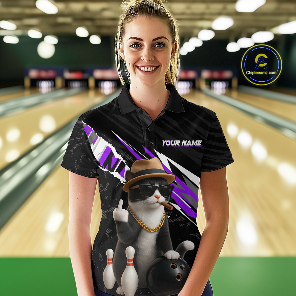 Custom Purple Funny Cat Bowling Jersey for Women Bowling Shirt Polo & 1/4 Zip Bowling Team Shirts HNT136