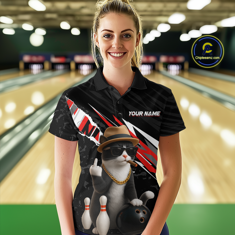Custom Red Funny Cat Bowling Jersey for Women Bowling Shirt Polo & 1/4 Zip Bowling Team Shirts HNT136