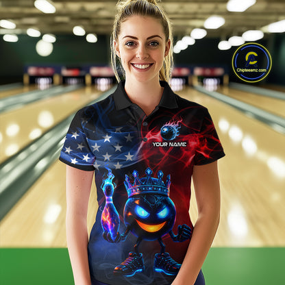 Custom American Flag Bowling Shirt Hero Bowling Ball Pin Polo & 1/4 Zip Bowling Jersey for Women QZT800