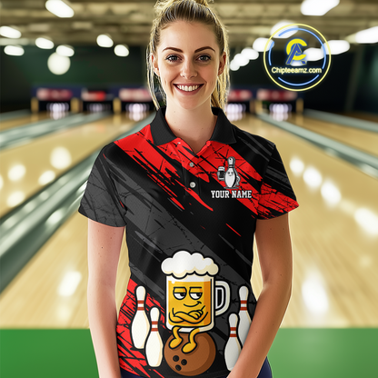 Custom Red Funny Beer Bowling Jersey for Women Bowling Uniform Polo & 1/4 Zip Bowling Team Shirts HNT107