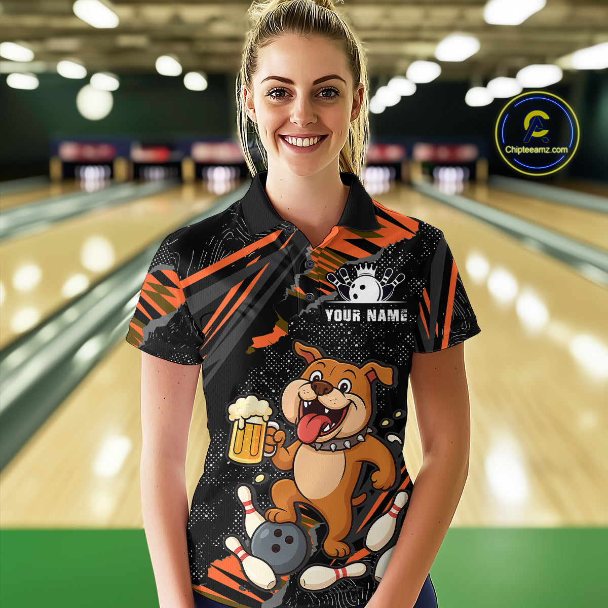 Custom Orange Funny Bulldog & Beer Bowling Shirt Women Bowling Team Jersey League Polo & 1/4 Zip QZT812