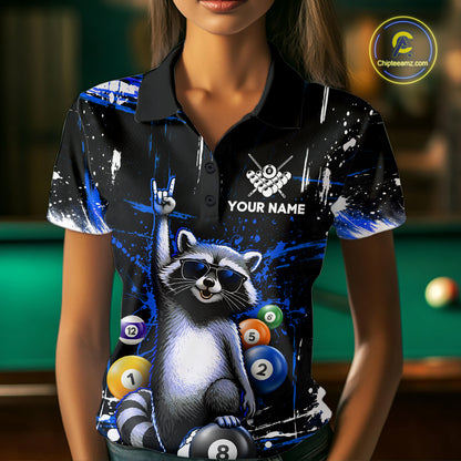 Custom Blue Funny Raccoon Billiard Shirt for Women 8 Ball Pool Billiard Jersey Polo & 1/4-Zip BHT5