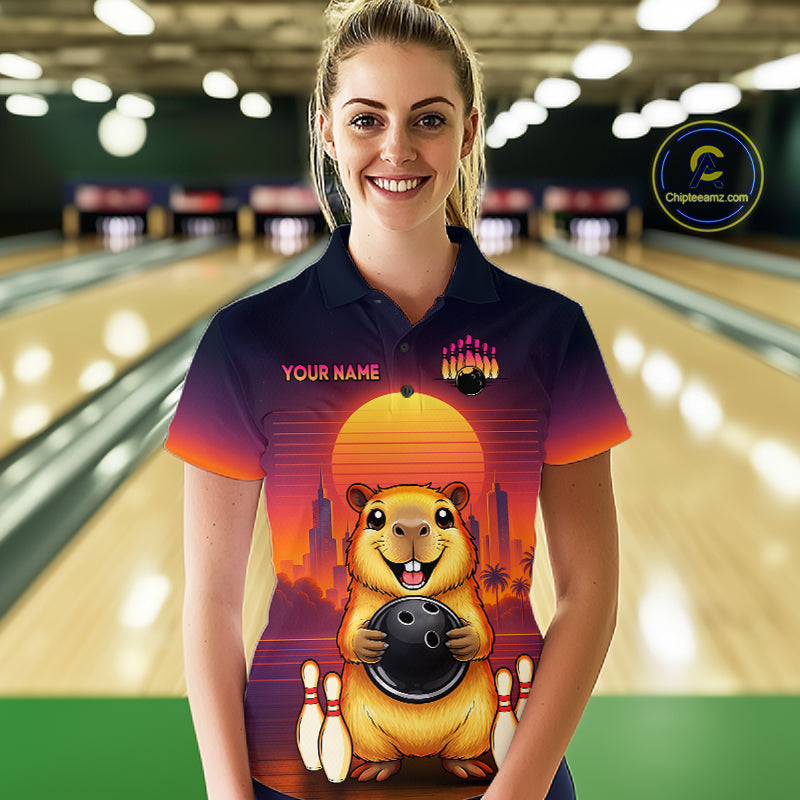 Custom Retro Capybara Bowling Jersey for Women Bowling Team Shirts Bowling Polo & 1/4 Zip HNT260