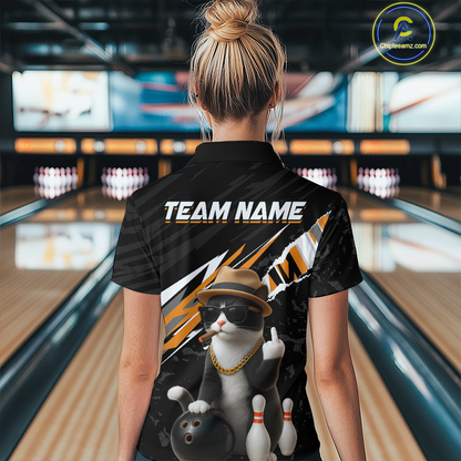 Custom Orange Funny Cat Bowling Jersey for Women Bowling Shirt Polo & 1/4 Zip Bowling Team Shirts HNT136
