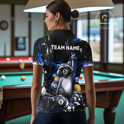Custom Blue Funny Raccoon Billiard Shirt for Women 8 Ball Pool Billiard Jersey Polo & 1/4-Zip BHT5