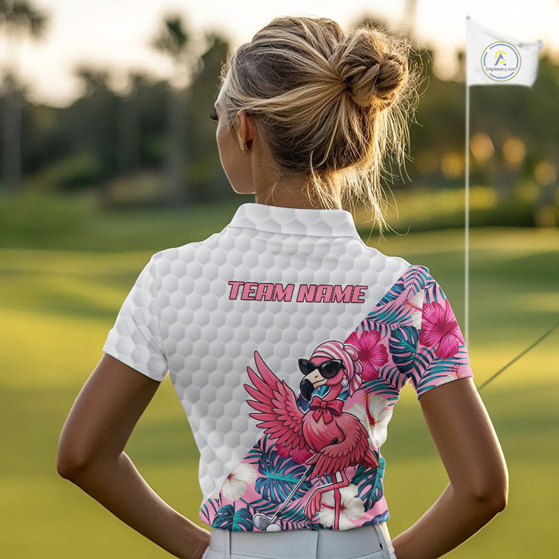 Pink Flamingo Golf Shirt For Women, Funny Tropical Patten Golf Polo Shirt, Ladies Golf Outfit For Team NHT730