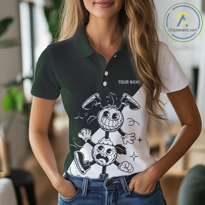 Green White Funny Golf Ball Pattern Womens Golf Polo Shirts Custom Golf Outfits Ladies, Green Golf Tops NHT785