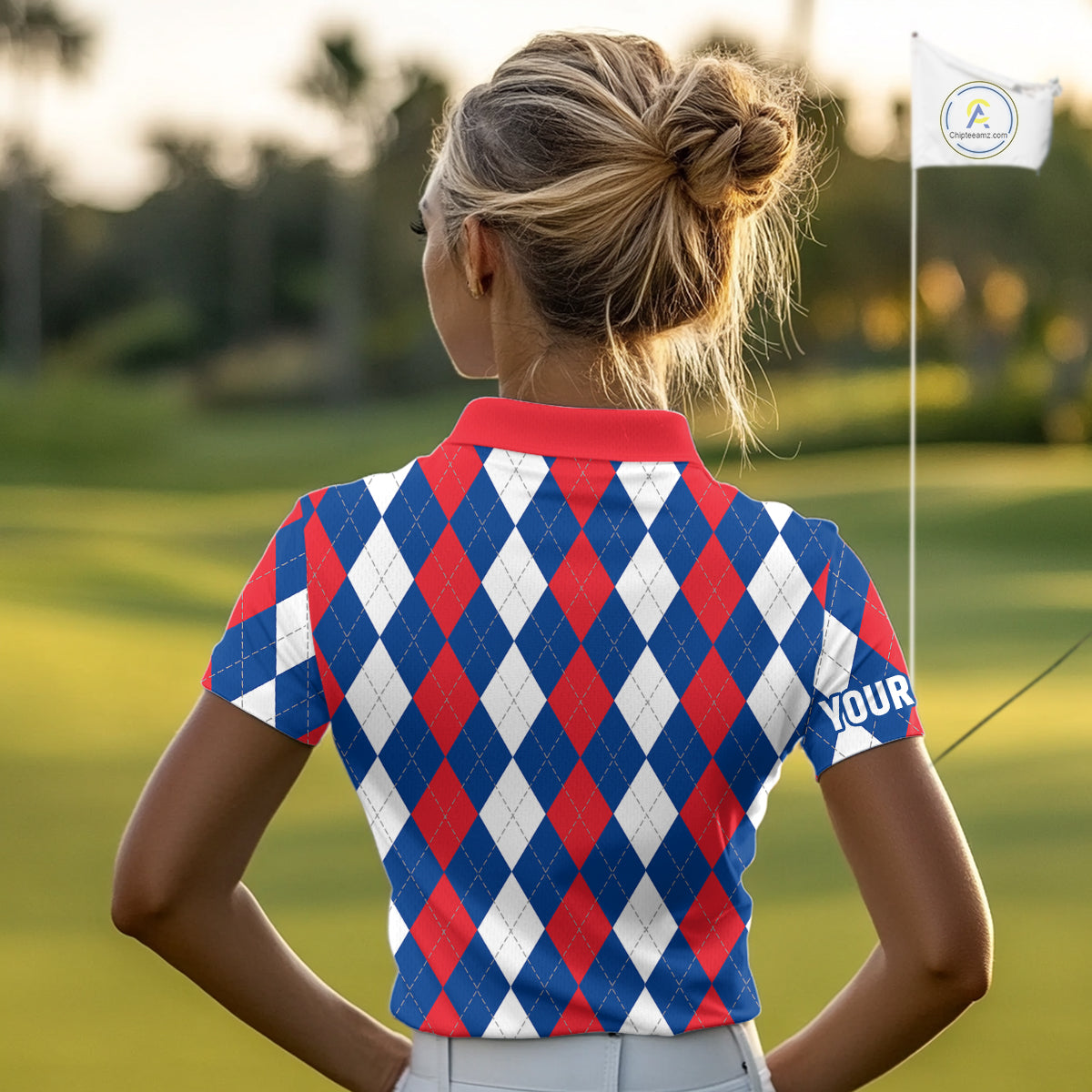 Women golf polo shirt custom red, white and blue argyle plaid pattern golf attire for ladies NQS9847