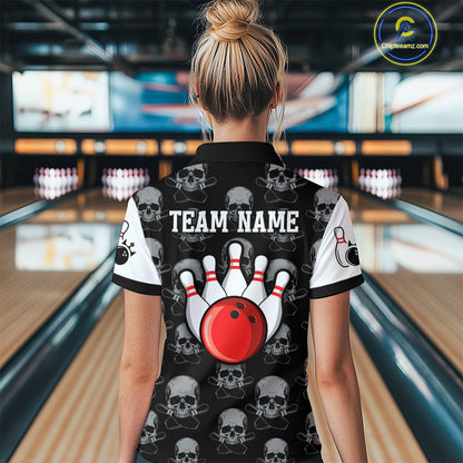 Black & White Bowling Shirt Custom Skull Polo Bowling Jersey Gift for Bowlers QZT693