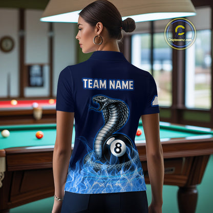 Custom Blue Cobra Snake 8 Ball Pool Flame Billiard Shirts for Women Team Polo & 1/4 Zip Shirts NNT56