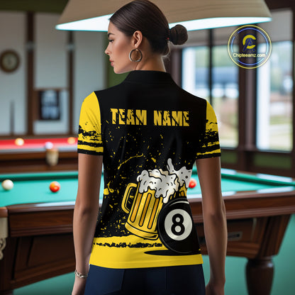 Custom Black and Yellow 8 Ball Beer Billiard Shirts for Women, Billiard Team Polo & 1/4 Zip Shirts NNT68