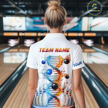 Load image into Gallery viewer, Woman wearing custom ice and fire DNA bowling polo shirt, back view mockup, personalized bowling league jersey.