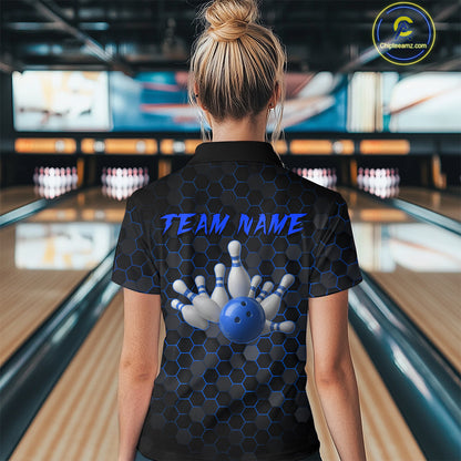 Custom Strike Blue Bowling Women Bowling Shirt Polo & Quarter-Zip Bowling Team Jerseys HNT79