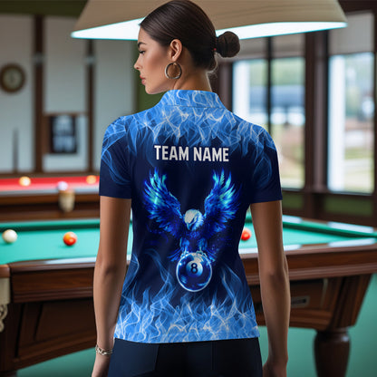 Personalized Blue Eagle Flaming 8 Ball Pool Bliiard Polo & 1/4 Zip, Billiard Shirt for Women Team NNT36