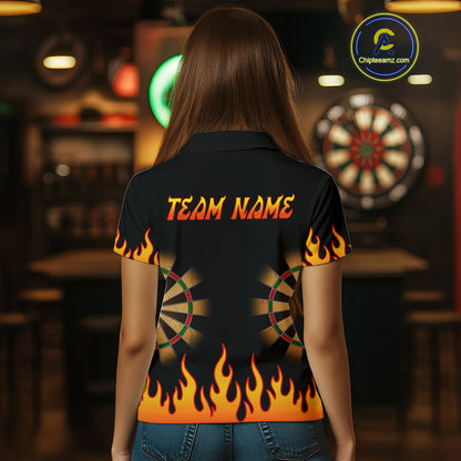 Women's Personalized Darts Shirt With Black Flame Pattern And Fiery Dartboard NYN0265