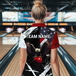 US Flag Eagle Custom Name Bowling Team Shirts For Women Bowling League Polo & 1/4 Zip Shirt HNT06