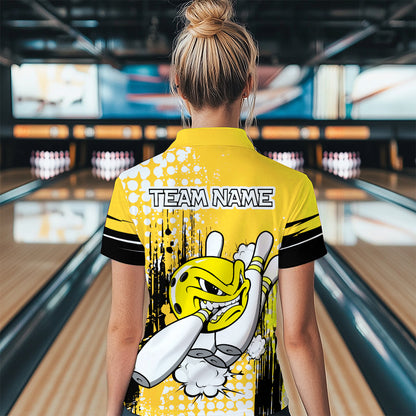 Personalized Yellow Funny Crazy Bowling Shirt for Women Polo & Quarter-Zip Bowling Jersey with Team HNT03