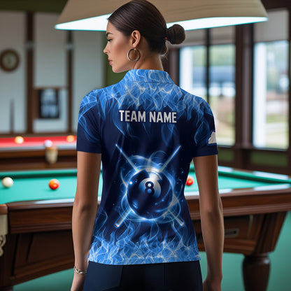 Personalized Blue Flaming Billiard Jerseys 8 Ball Pool Billiard Shirts for Women Team Polo & 1/4 Zip Shirt NNT29