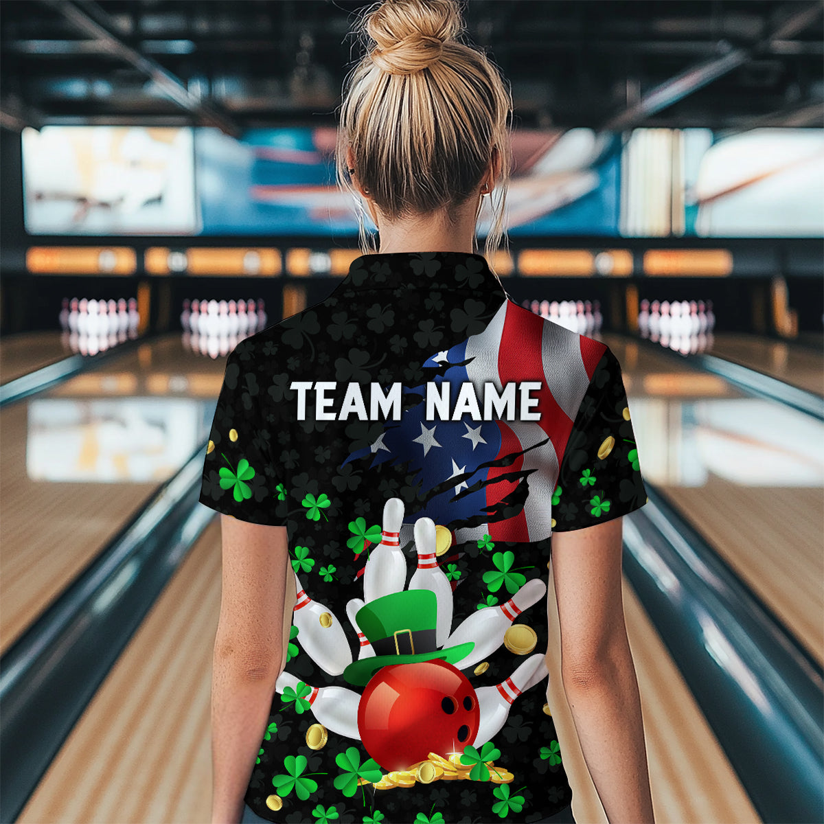 Personalized US Flag St Patrick Day Funny Bowling Shirt Women Team Polo & 1/4 Zip Shirts HNT12