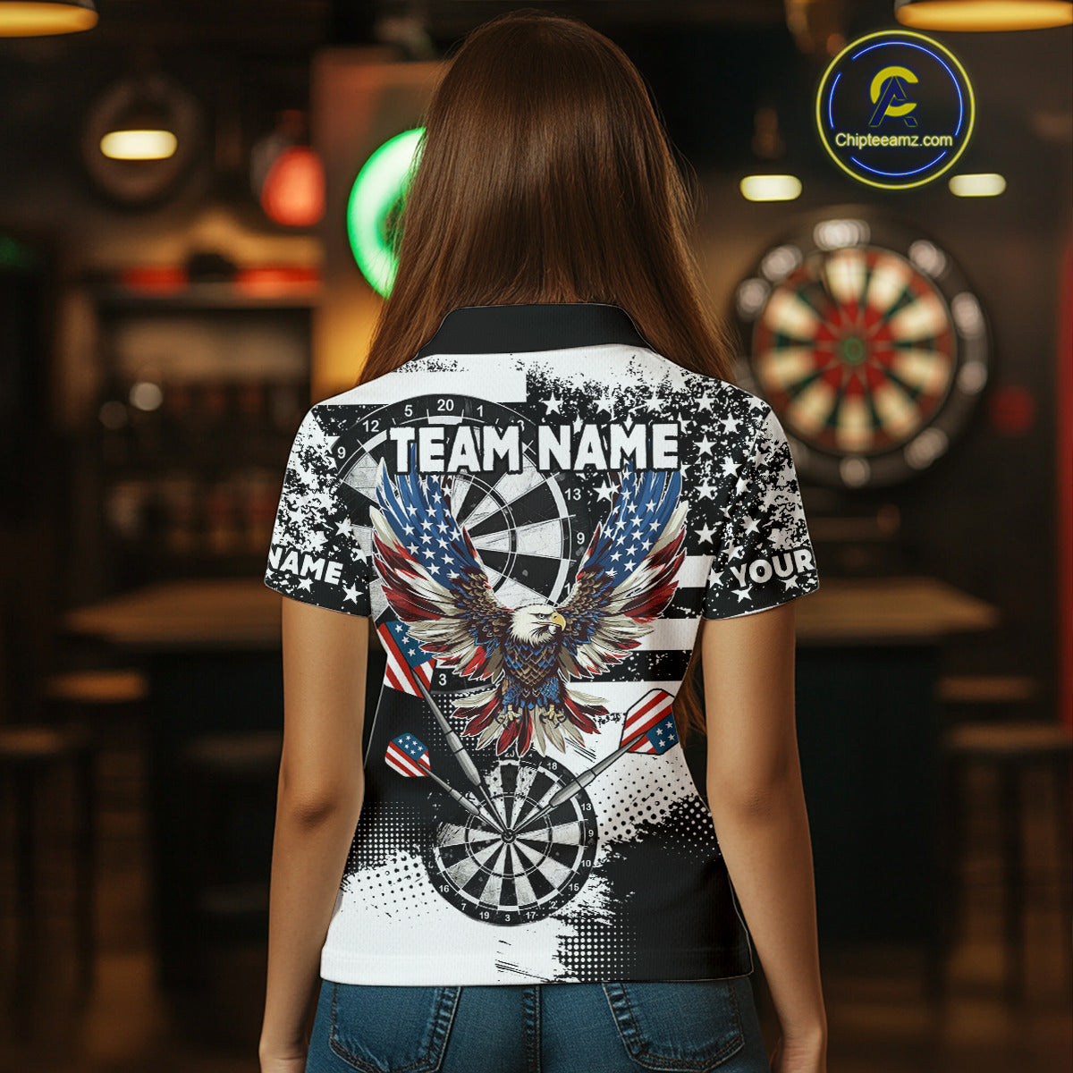 Custom Dart Shirt For Women, Grunge Eagle American Flag Black White Polo, 1/4 Zip Darts Jersey TDM3877
