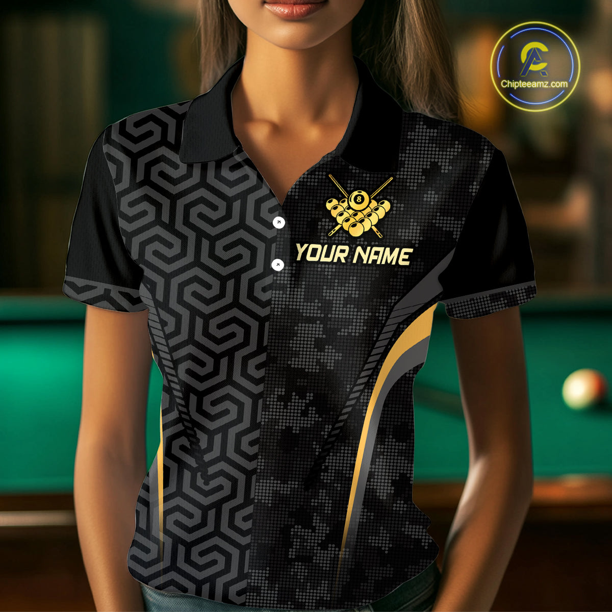 Custom Black Gold 8 Ball Flame Billiard Shirts for Women, Billiard Team Polo & 1/4 Zip Shirts NNT61