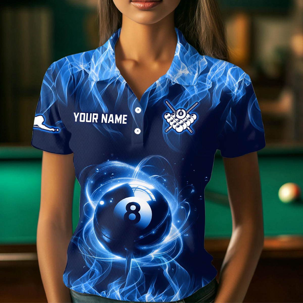 Personalized Blue Flaming Billiard Jerseys 8 Ball Pool Billiard Shirts for Women Team Polo & 1/4 Zip Shirt NNT29