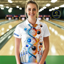 Load image into Gallery viewer, Woman wearing custom ice and fire DNA bowling polo shirt, front view mockup, personalized bowling league jersey.