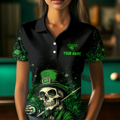 St Patrick Day Funny Skull Ball Billiards Shirt Women Polo & 1/4 Zip Shirts Billiard Team NNT23