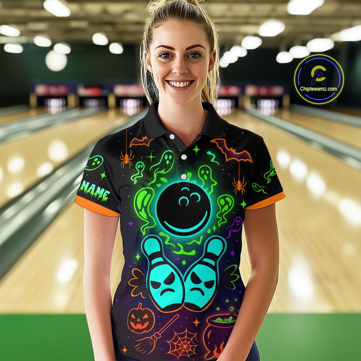Custom Neon Bowling Team Shirt Halloween Polo & Quarter-Zip Bowling Jersey for Women QZT731
