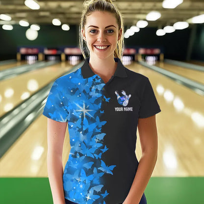 Blue Butterfly Bowling Polo Shirts For Men Women Custom Bowling Jersey Team BDT505