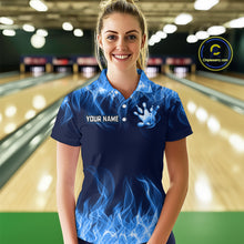Load image into Gallery viewer, Custom Blue Flame Bowling Jersey for Women Bowling Uniform Polo &amp; 1/4 Zip Bowling Team Shirts HNT106