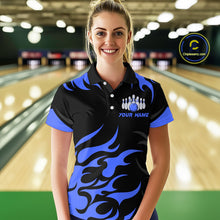 Load image into Gallery viewer, Black and Blue Flame Bowling shirts for Women Custom team bowling jerseys, ladies bowling apparel NQS10267