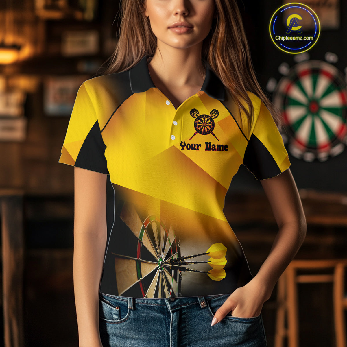 Women's Personalized Dart Shirts With Fire Skull And Yellow Darts Theme NYN0256