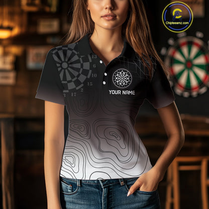 Women's Custom Dart Shirt, Darts Hitting The Bullseye With Black-To-White Gradient NYN0249