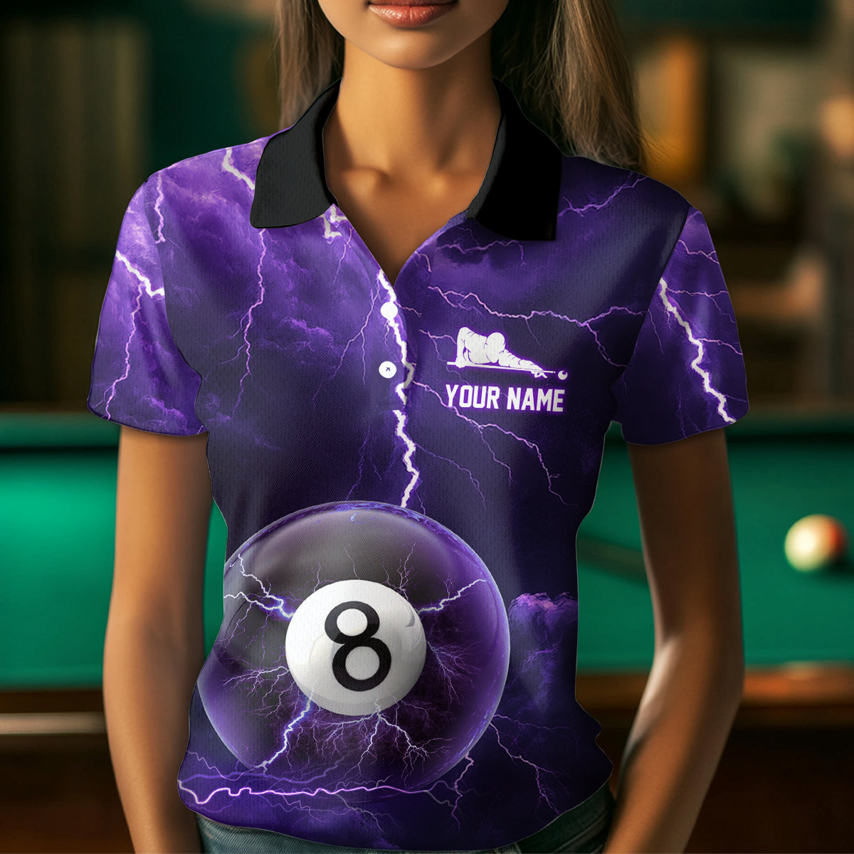 Purple Thunder 8 & 9 Ball Billiards Shirt Women Team Polo & 1/4 Zip Shirts Billiard Jersey NNT17