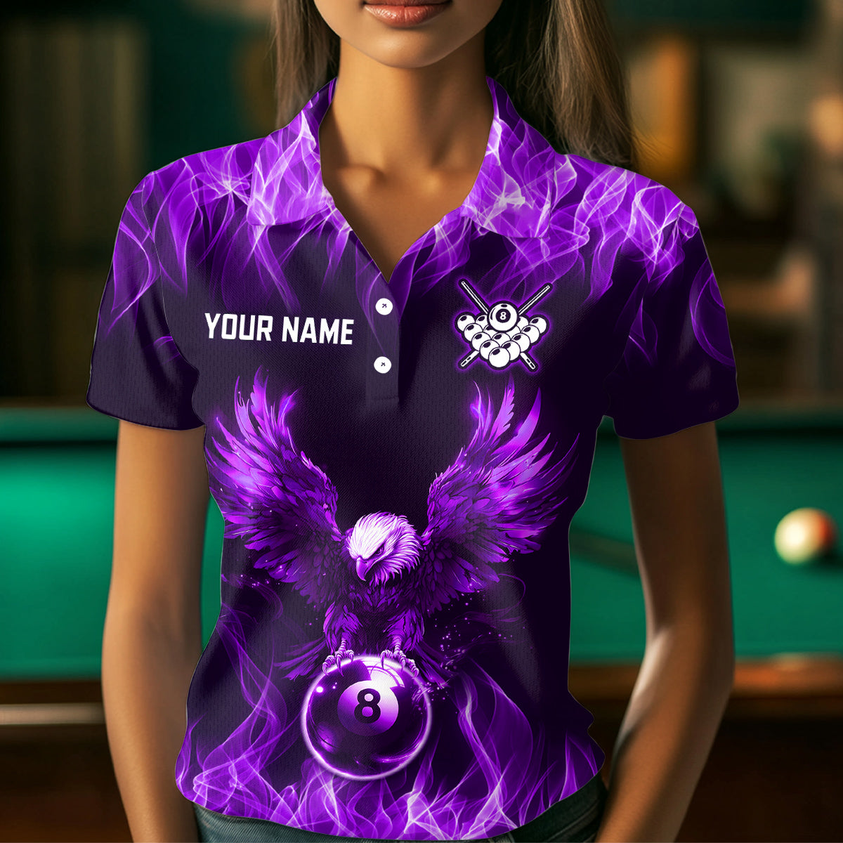 Personalized Purple Eagle Flaming 8 Ball Pool Bliiard Polo & 1/4 Zip, Billiard Shirt for Women, Billiard Team Jerseys NNT36
